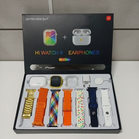 i30 Pro Max Smartwatch 2.3" HD – 11‑in‑1 Bundle 🎧🔌✨