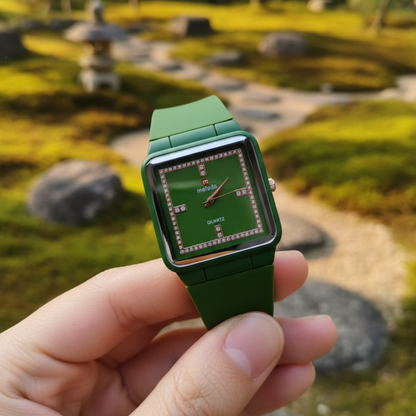 💚 Green Melada Quartz Watch ⌚ Square Crystal Dial – Stylish & Durable ✨